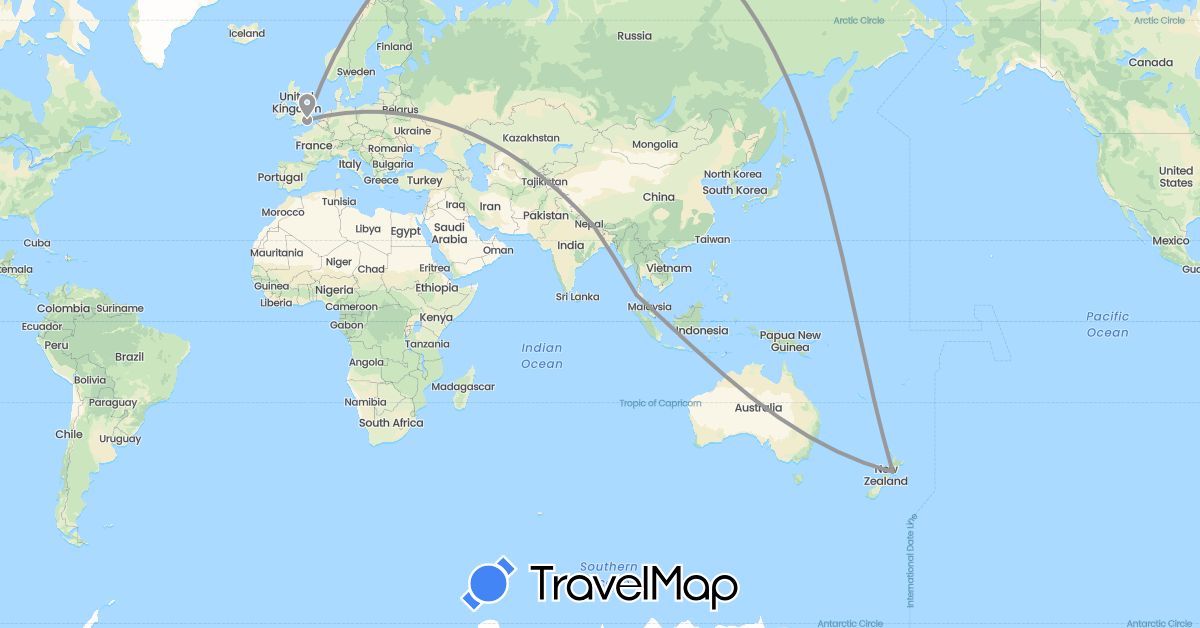 TravelMap itinerary: driving, plane in United Kingdom, Nepal, New Zealand, Thailand (Asia, Europe, Oceania)